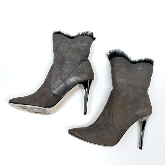 Jimmy Choo Tempo Bootie EU 40 Brown Shimmer Suede Shearling Fur Lined Heels - Picture 10 of 13